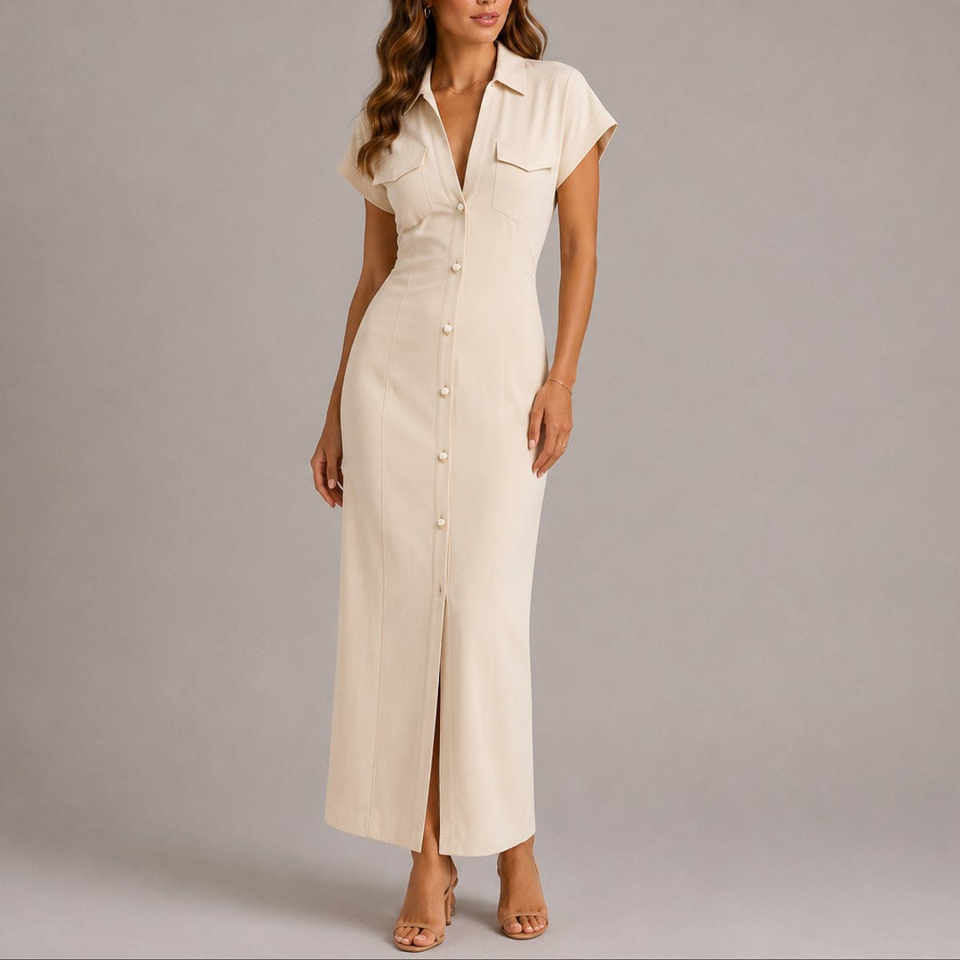 Women's Fall Wedding Guest Maxi Shirt Dress Ruched Button-Down - Beige