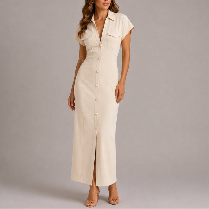 Women's Fall Wedding Guest Maxi Shirt Dress Ruched Button-Down - Beige