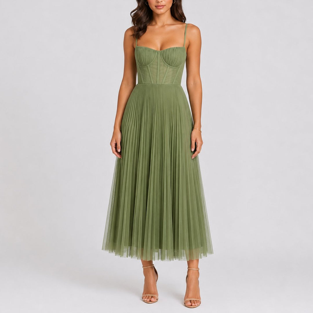 Women's Fall Wedding Guest Pleated Tulle Midi Dress Sweetheart Bodice - Green