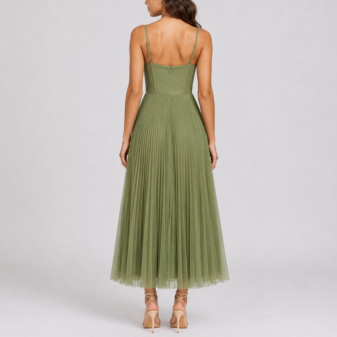 Women's Fall Wedding Guest Pleated Tulle Midi Dress Sweetheart Bodice