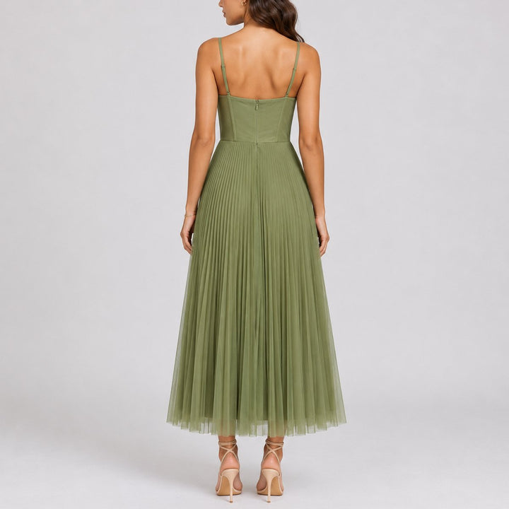 Women's Fall Wedding Guest Pleated Tulle Midi Dress Sweetheart Bodice