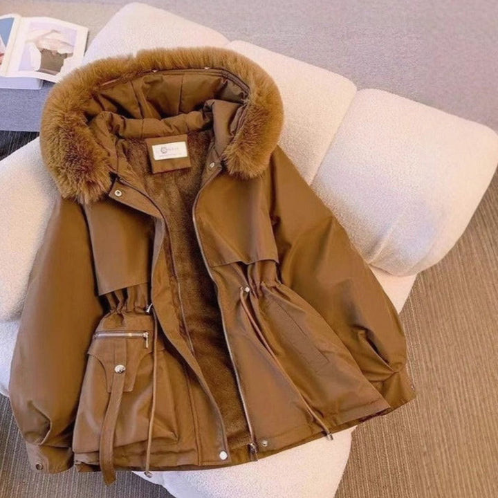 Women's Faux Fur Hooded Fleece-Lined Winter Coat Drawstring Waist - Brown