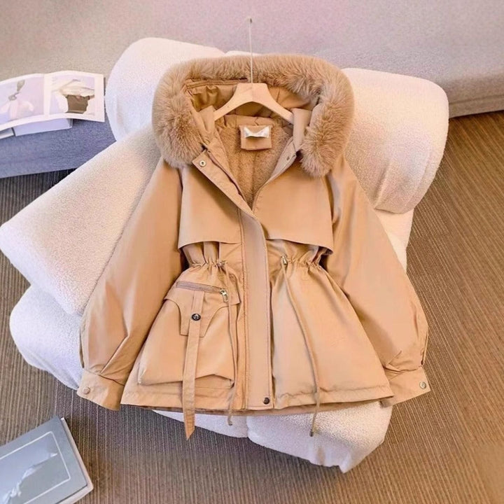 Women's Faux Fur Hooded Fleece-Lined Winter Coat Drawstring Waist - Khaki