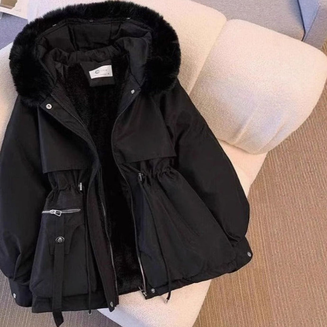 Women's Faux Fur Hooded Fleece-Lined Winter Coat Drawstring Waist - Black