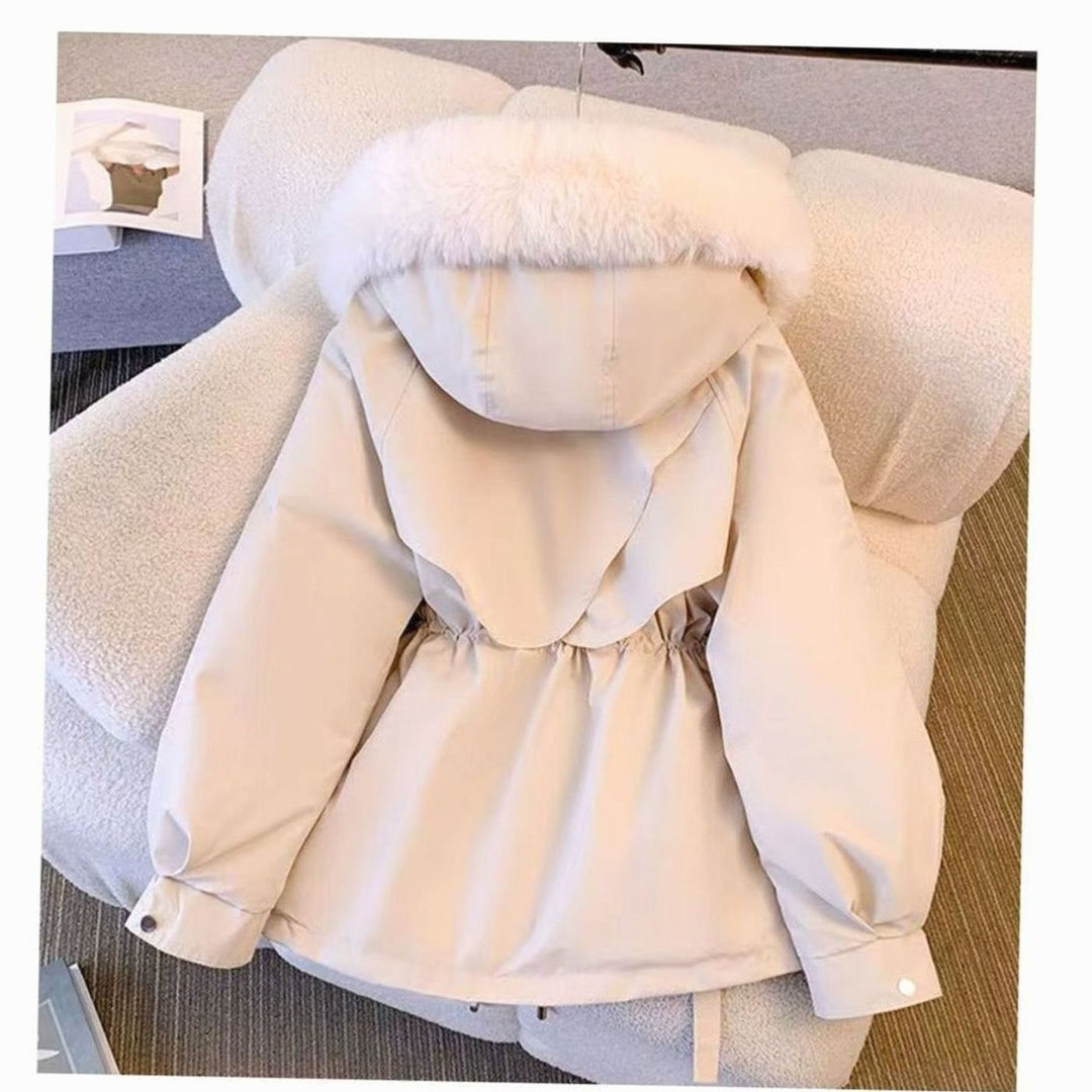 Women's Faux Fur Hooded Fleece-Lined Winter Coat Drawstring Waist - White
