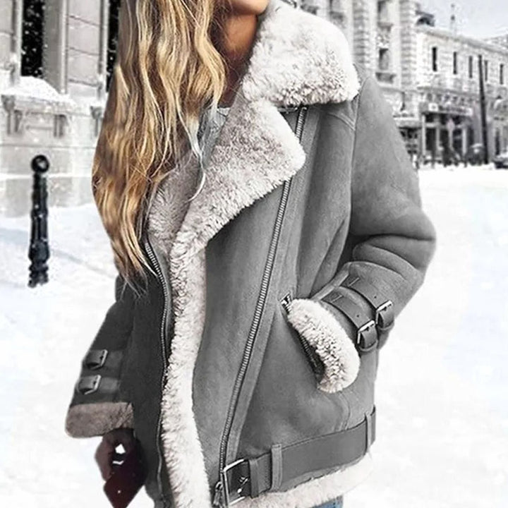 Women's Faux Fur Lined Oversized Suede Moto Jacket - Grey