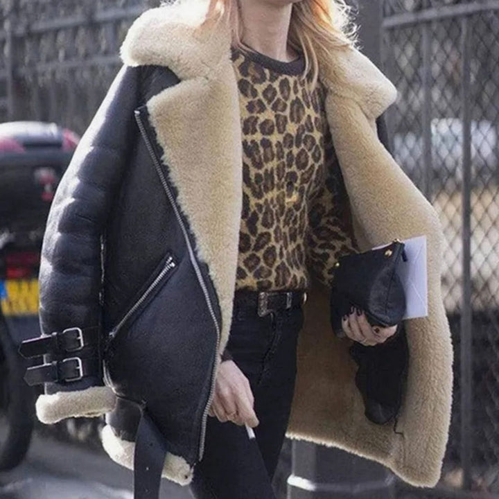 Women's Faux Fur Lined Oversized Suede Moto Jacket - Black
