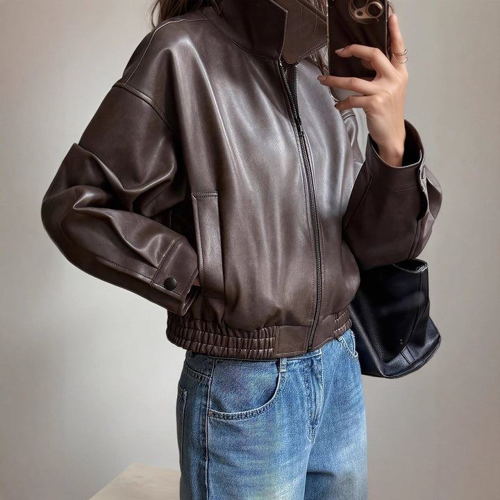 Women's Faux Leather Bomber Jacket Zip-Up Long Sleeve