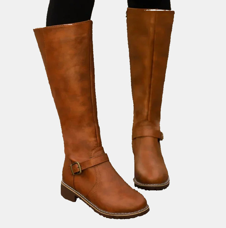 Women's Faux Leather Buckle Knee High Boots