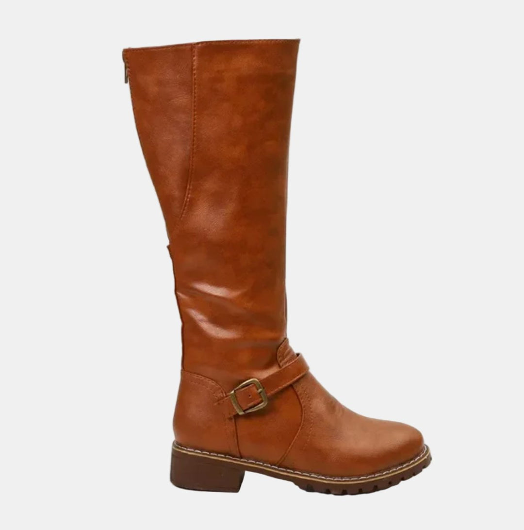Women's Faux Leather Buckle Knee High Boots