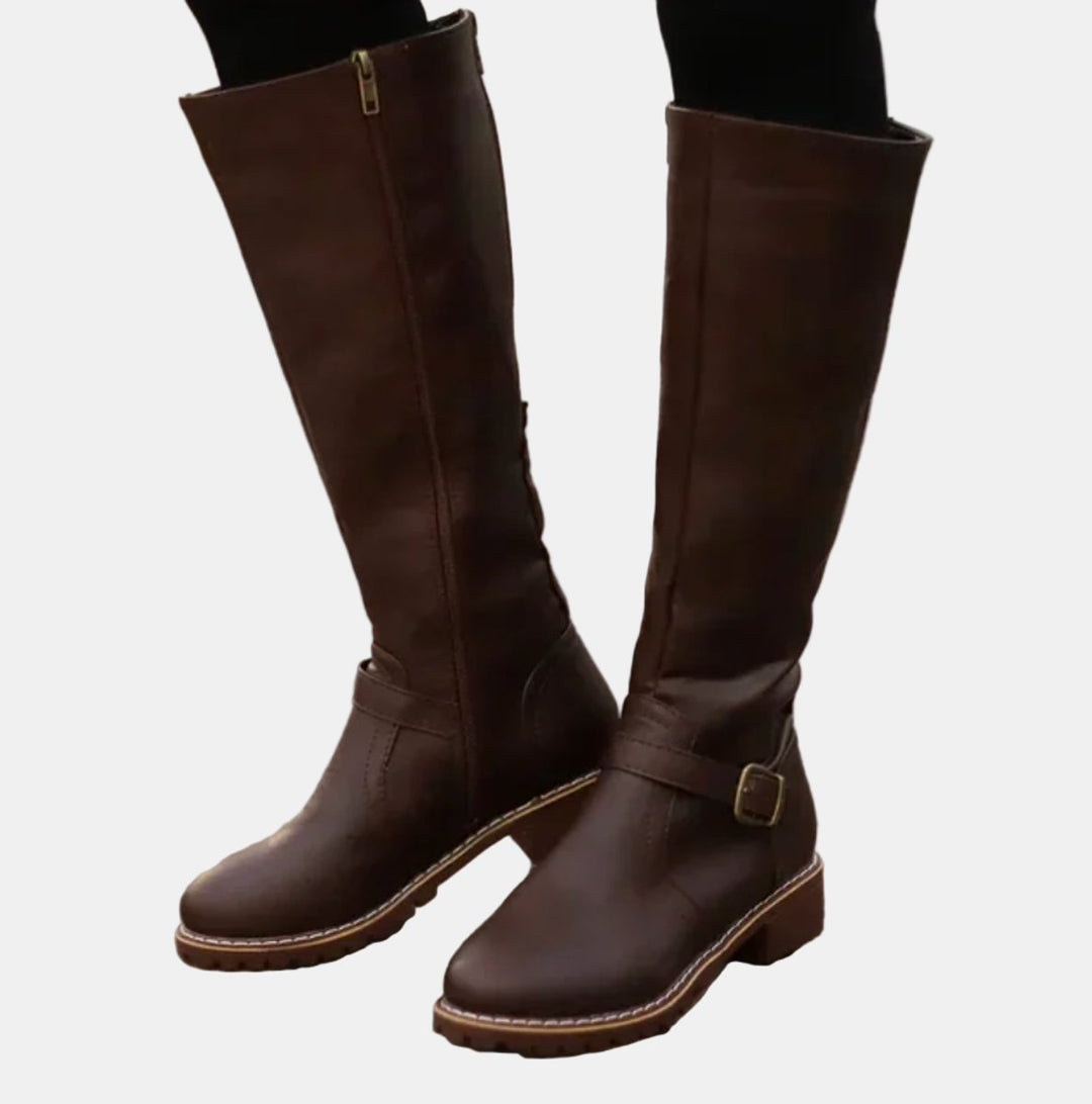 Women's Faux Leather Buckle Knee High Boots