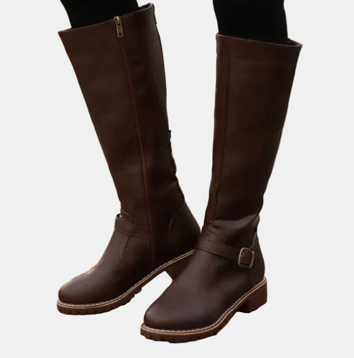 Women's Faux Leather Buckle Knee High Boots