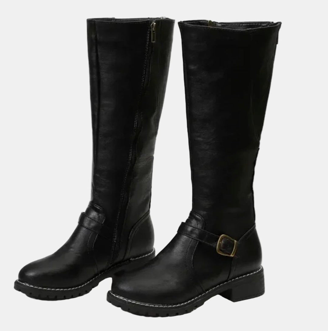Women's Faux Leather Buckle Knee High Boots - Black