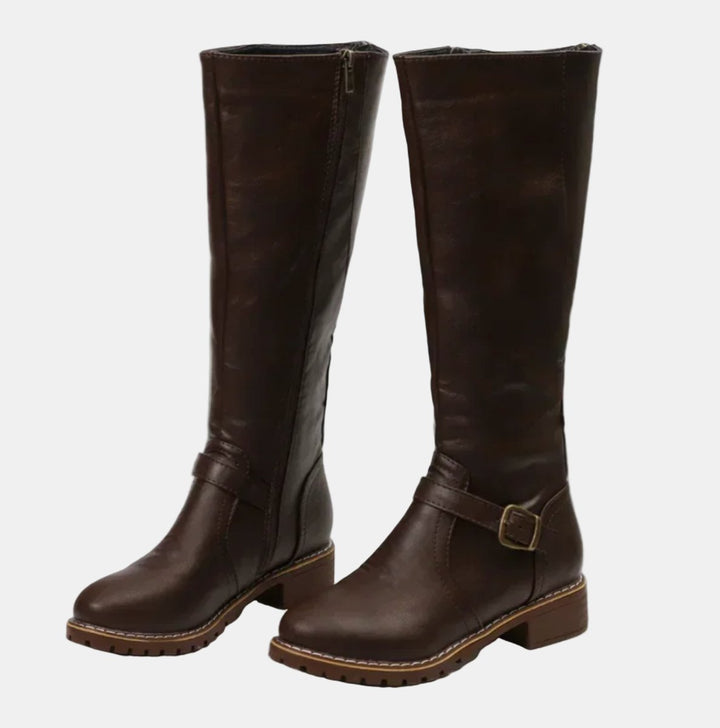 Women's Faux Leather Buckle Knee High Boots