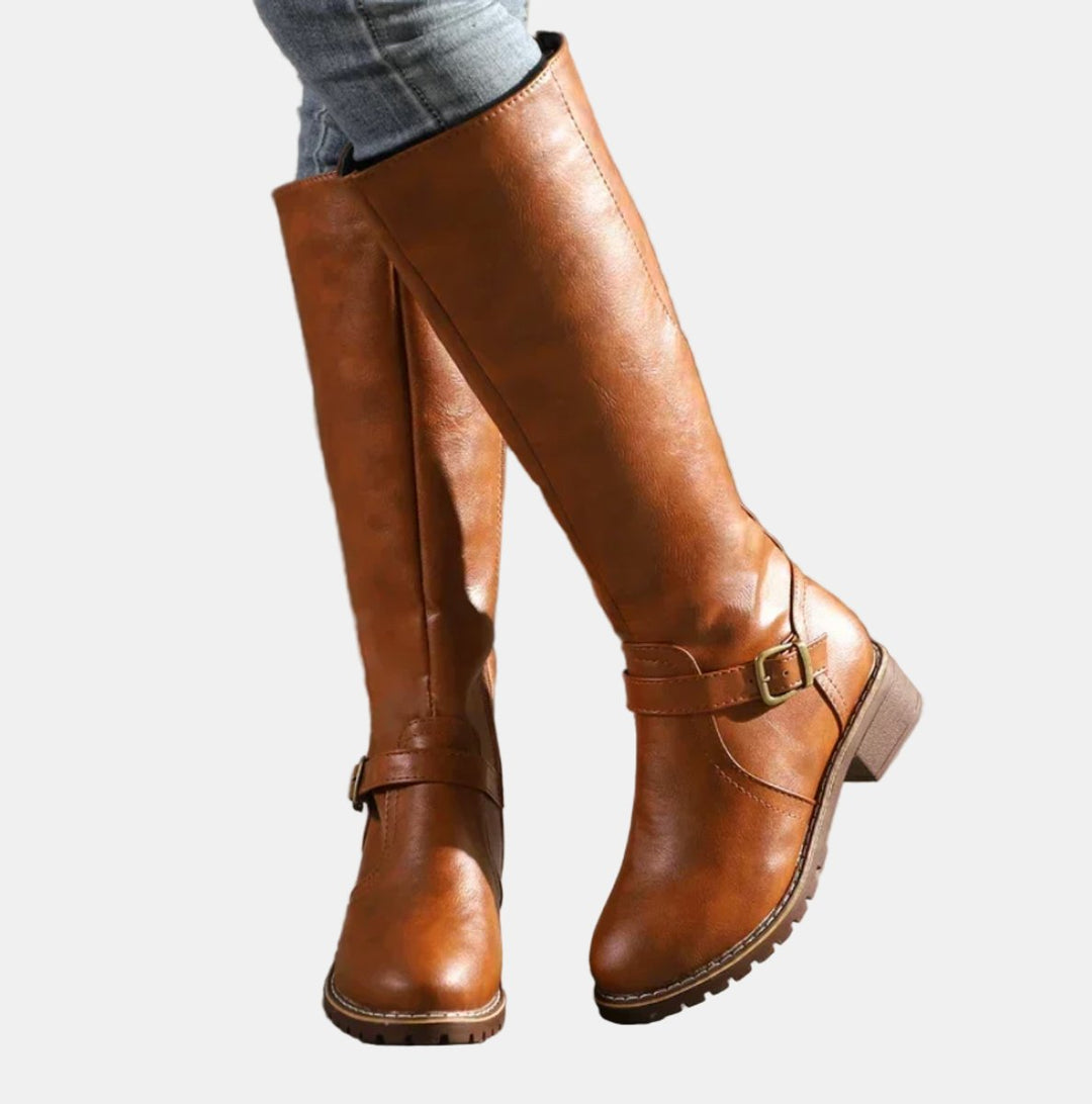 Women's Faux Leather Buckle Knee High Boots - Brown