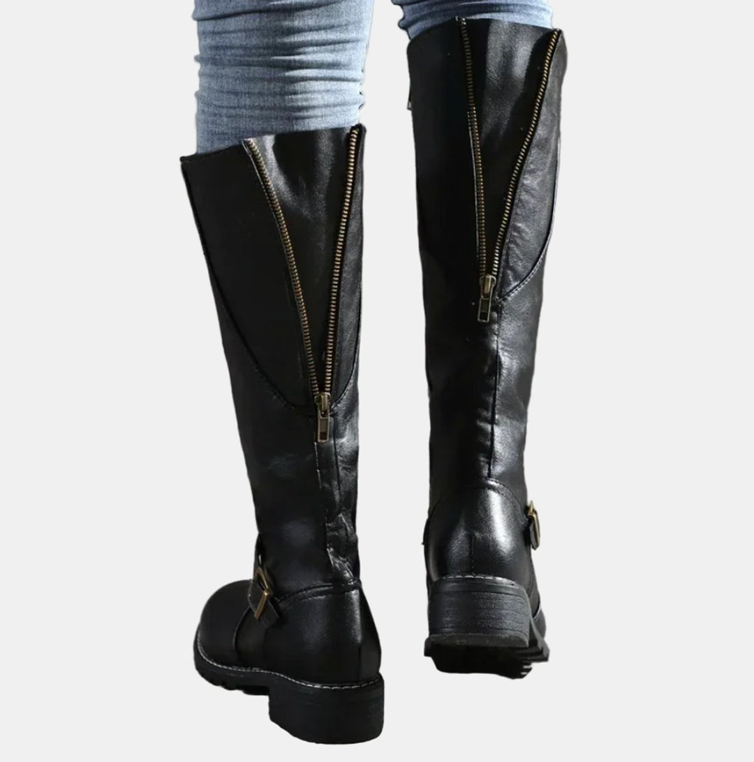 Women's Faux Leather Buckle Knee High Boots