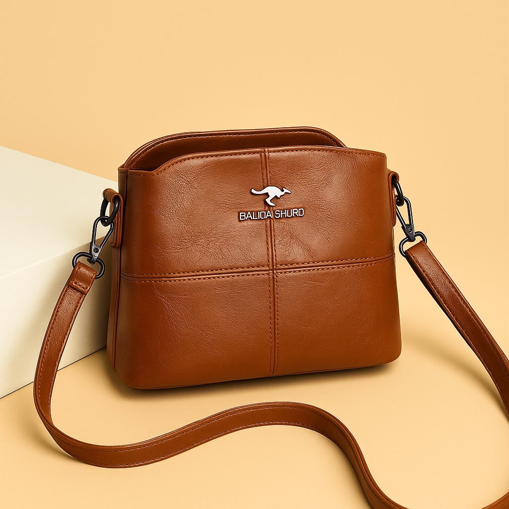 Women's Faux Leather Panelled Zip Crossbody Shoulder Bag - Brown
