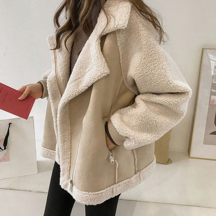 Women's Faux Shearling Relaxed-Fit Turn-Down Collar Oversized Coat - Beige