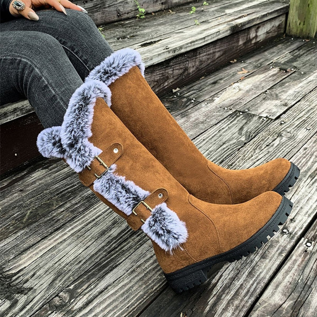 Women's Faux Suede Faux Fur Trim Buckle Knee High Boots