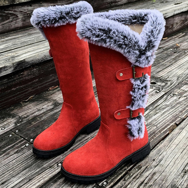 Women's Faux Suede Faux Fur Trim Buckle Knee High Boots - Red