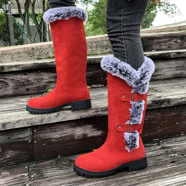 Women's Faux Suede Faux Fur Trim Buckle Knee High Boots