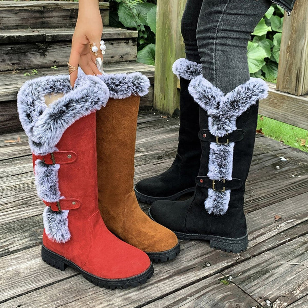 Women's Faux Suede Faux Fur Trim Buckle Knee High Boots