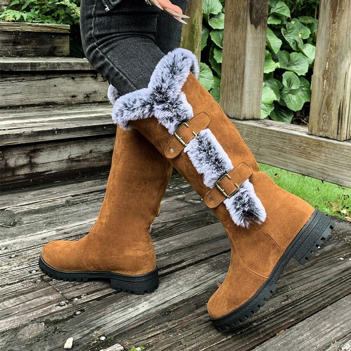 Women's Faux Suede Faux Fur Trim Buckle Knee High Boots