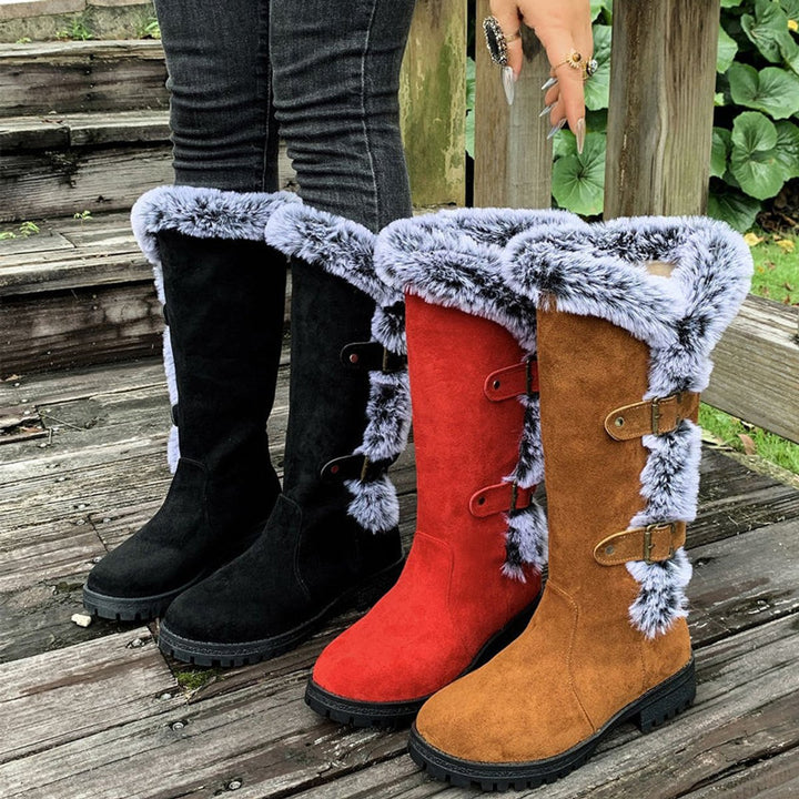 Women's Faux Suede Faux Fur Trim Buckle Knee High Boots