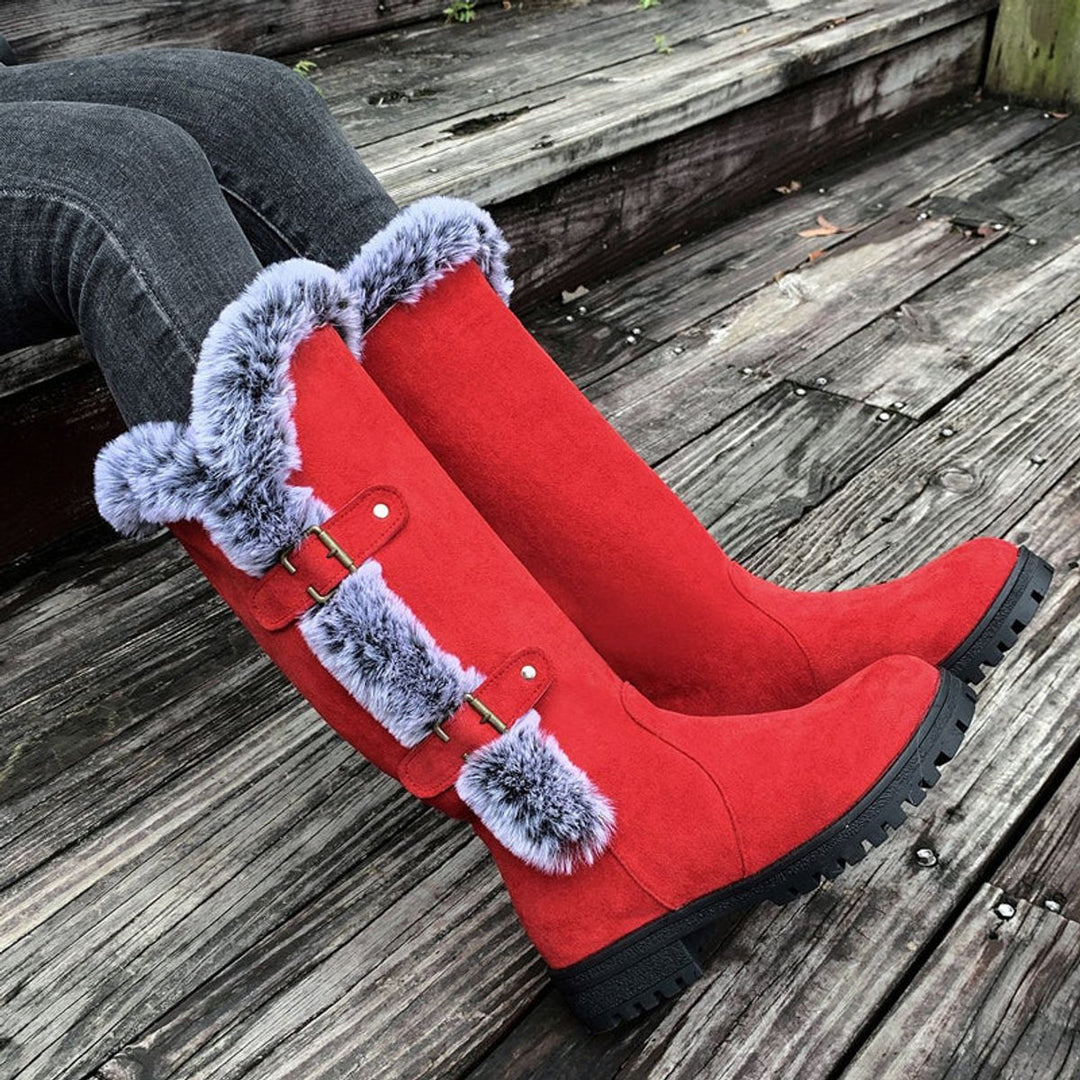 Women's Faux Suede Faux Fur Trim Buckle Knee High Boots