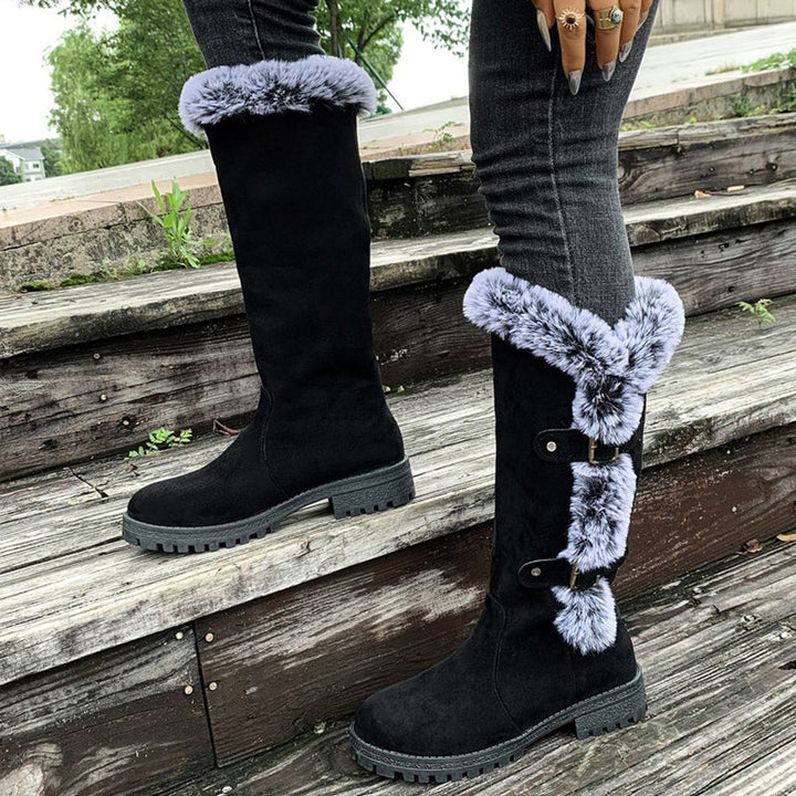 Women's Faux Suede Faux Fur Trim Buckle Knee High Boots