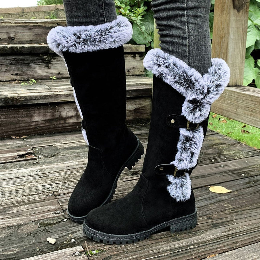 Women's Faux Suede Faux Fur Trim Buckle Knee High Boots - Black