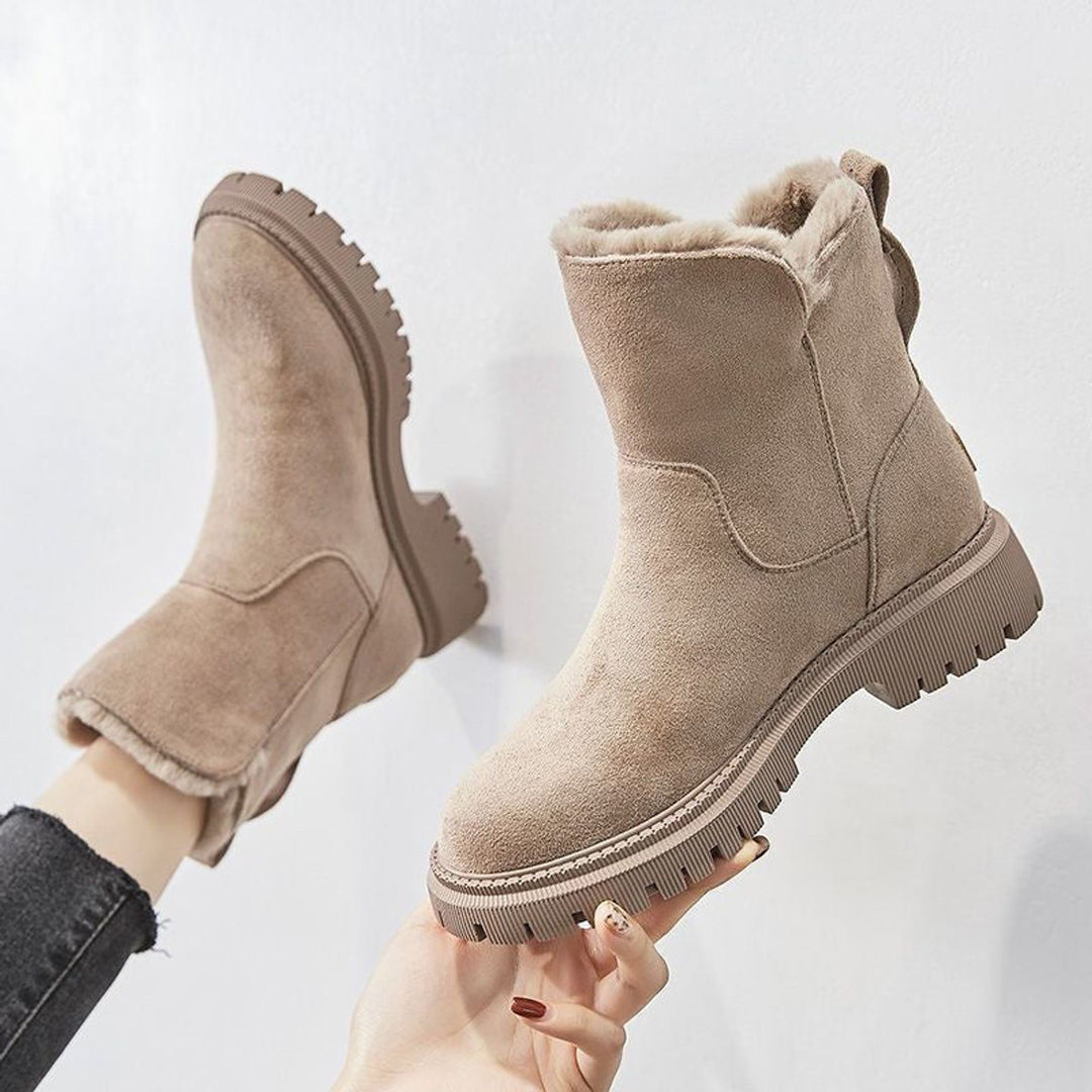 Women's Faux Suede Fleece-Lined Slip-On Ankle Boots - Beige