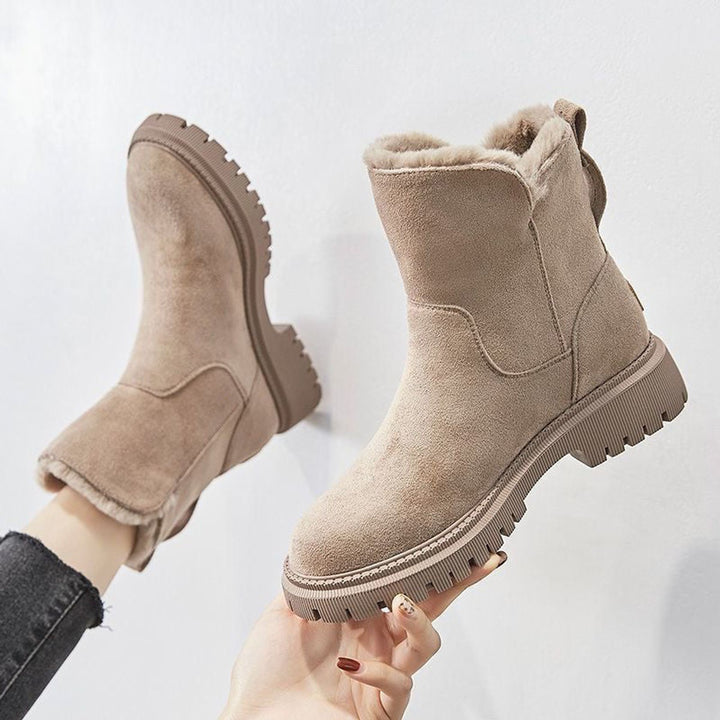 Women's Faux Suede Fleece-Lined Slip-On Ankle Boots - Beige