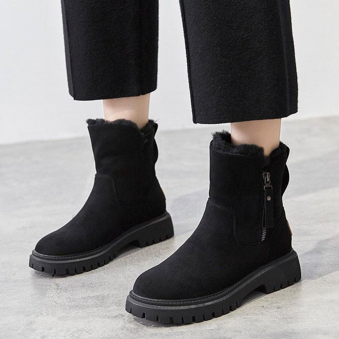 Women's Faux Suede Fleece-Lined Slip-On Ankle Boots - Black