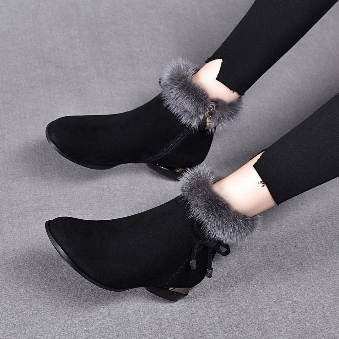 Women's Faux-Suede Fur-Trim Flat Ankle Boots - Black