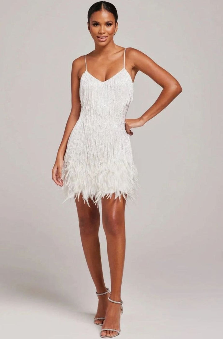 Women's Feather Trim Mini Dress Spaghetti Strap V-Neck Fringe - White