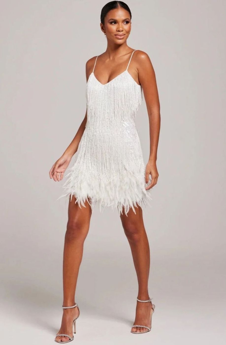 Women's Feather Trim Mini Dress Spaghetti Strap V-Neck Fringe