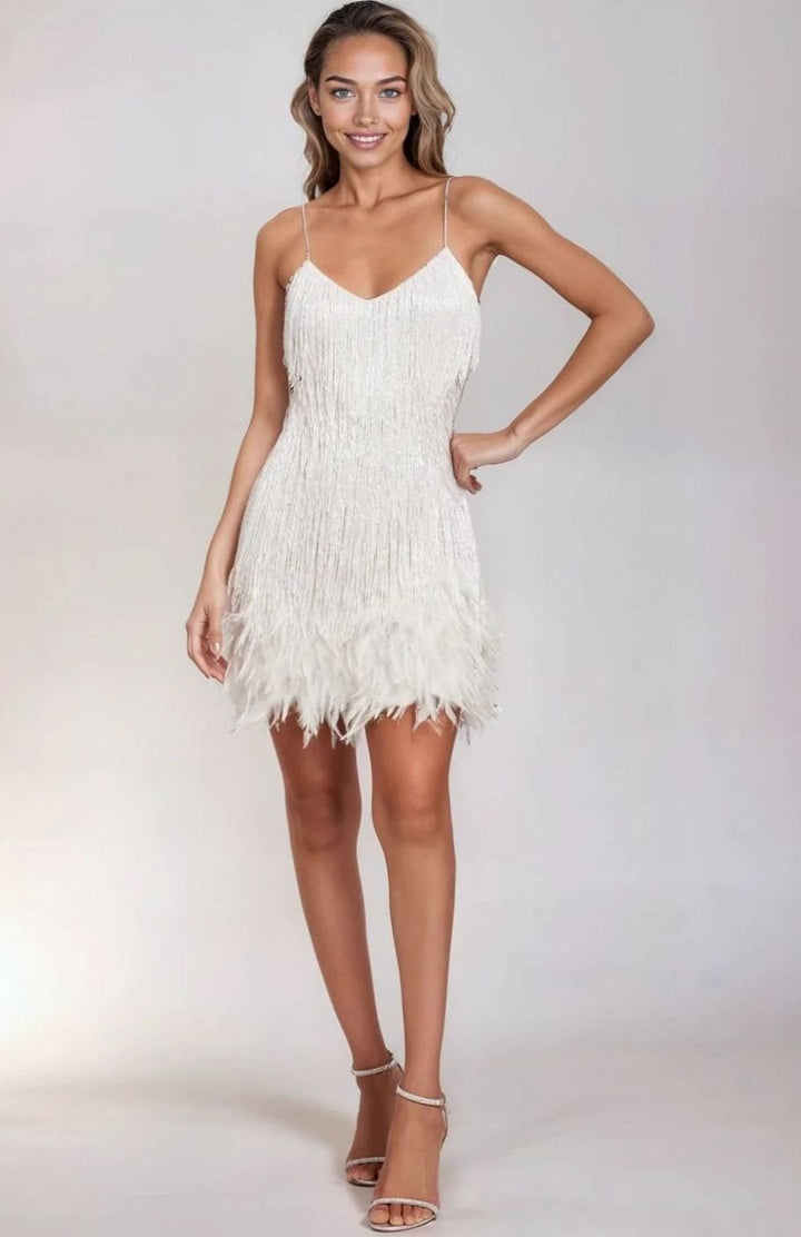 Women's Feather Trim Mini Dress Spaghetti Strap V-Neck Fringe