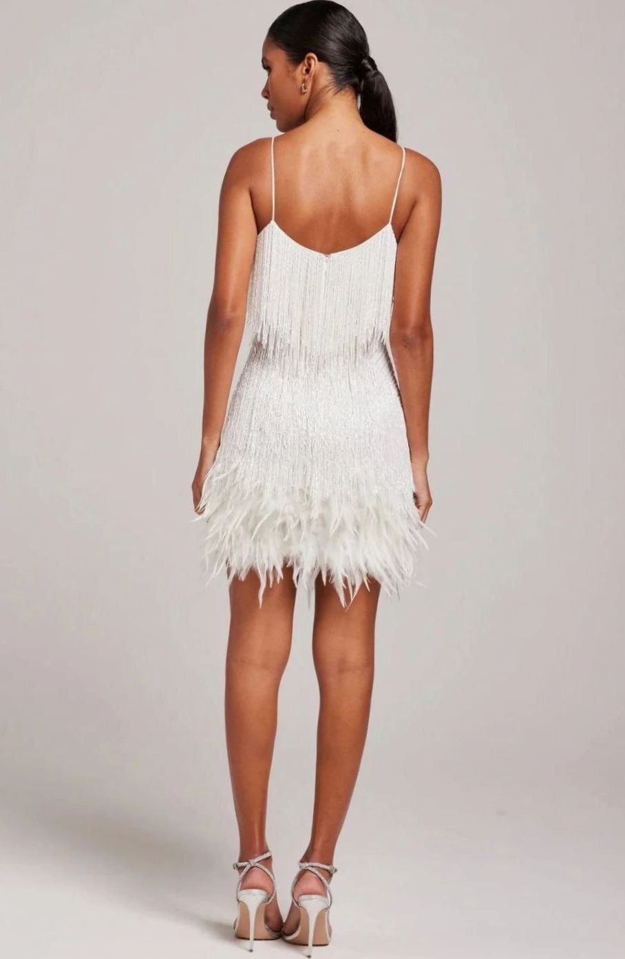 Women's Feather Trim Mini Dress Spaghetti Strap V-Neck Fringe