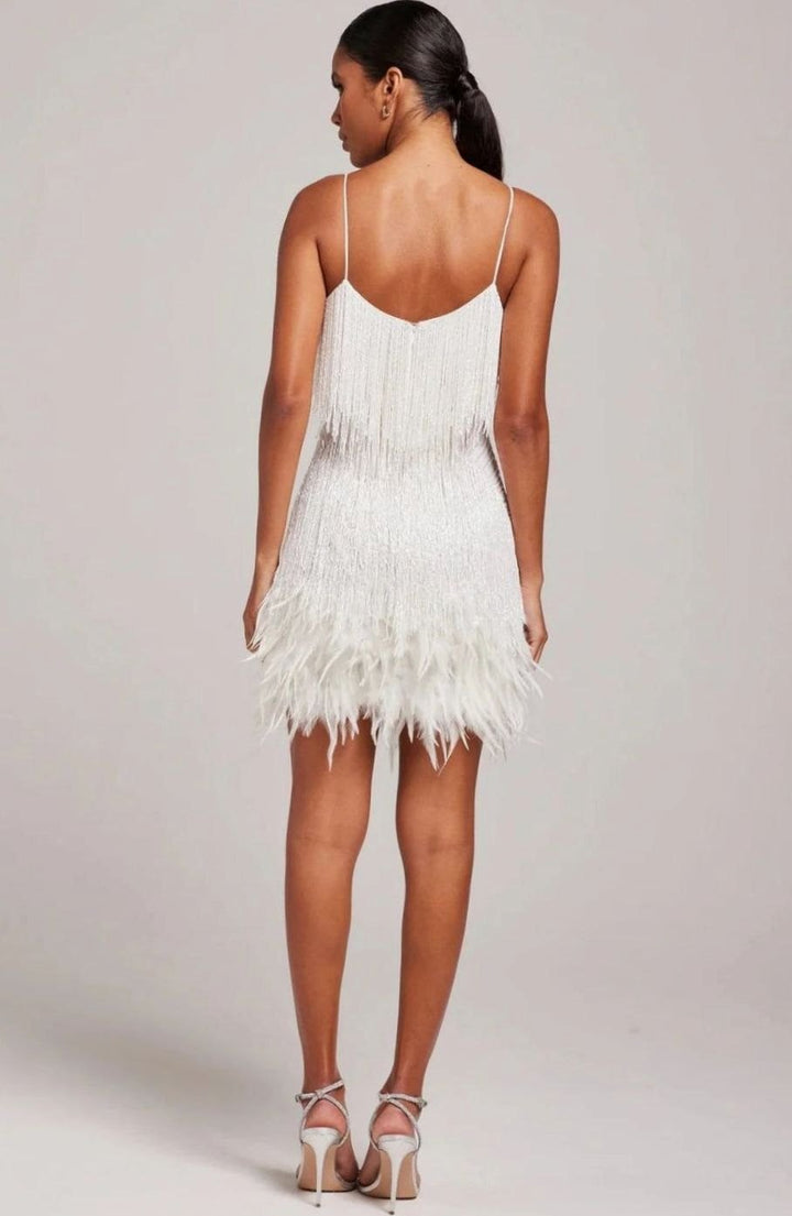 Women's Feather Trim Mini Dress Spaghetti Strap V-Neck Fringe