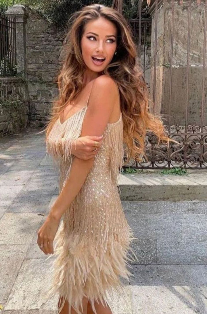 Women's Feather Trim Mini Dress Spaghetti Strap V-Neck Fringe