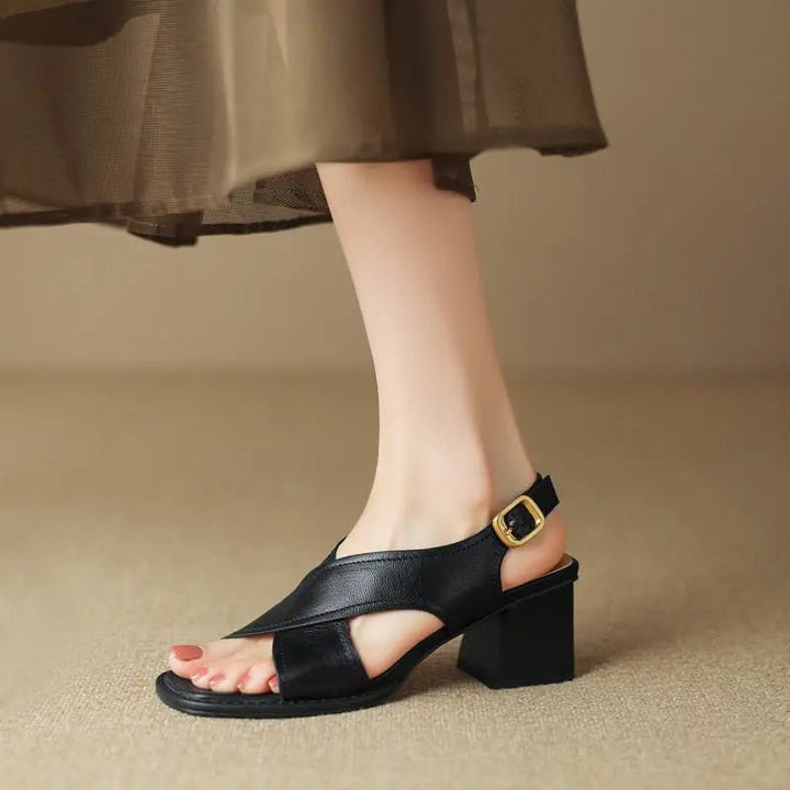 Women's Fisherman Sandals Leather Crossover Low Block Heel