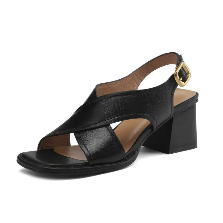 Women's Fisherman Sandals Leather Crossover Low Block Heel - Black