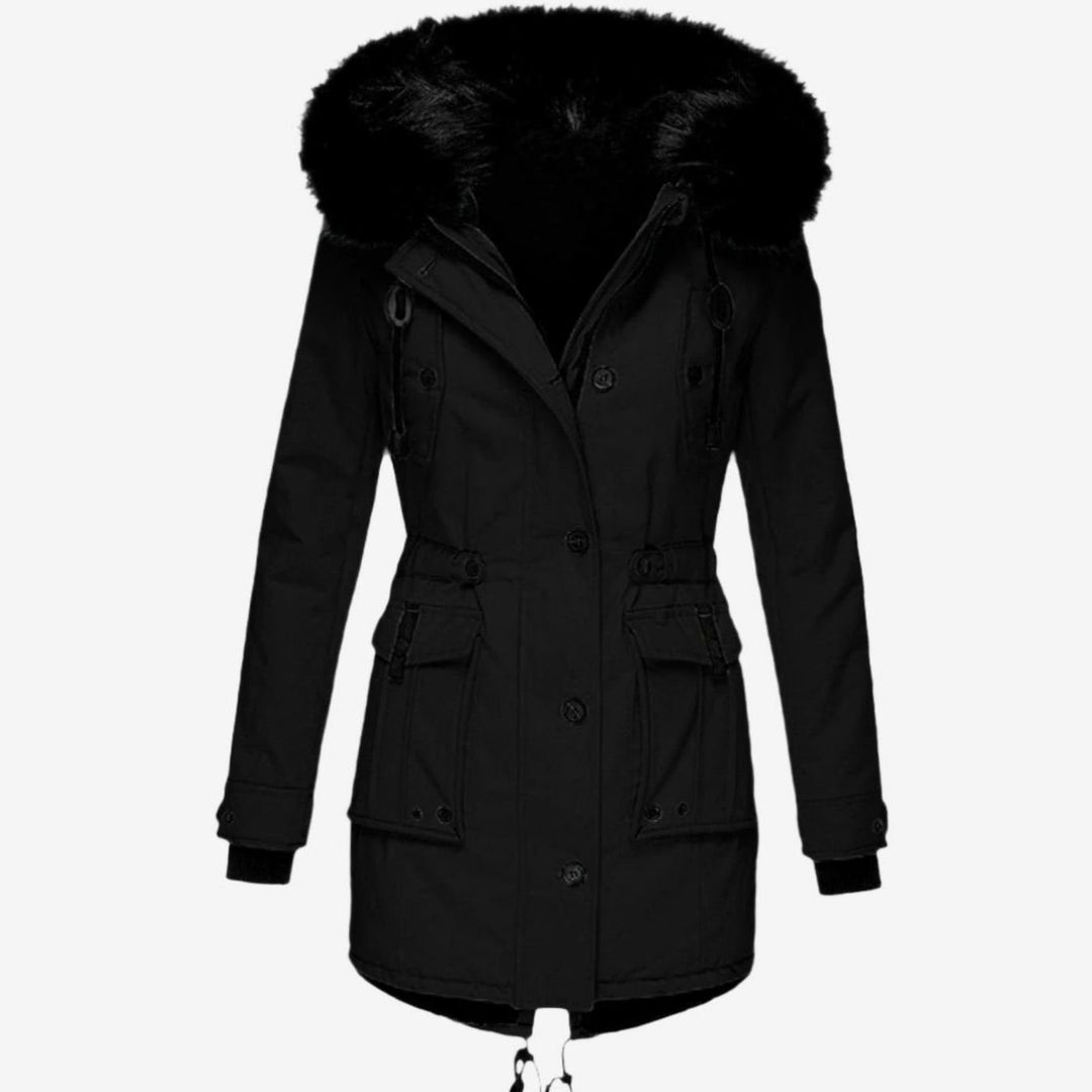 Women's Fitted Faux Fur Hooded Winter Coat Parka - Black