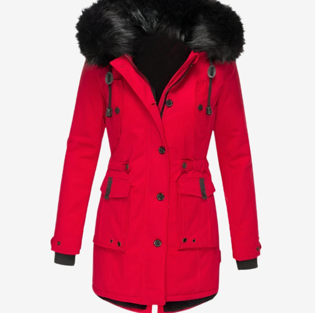 Women's Fitted Faux Fur Hooded Winter Coat Parka - Red