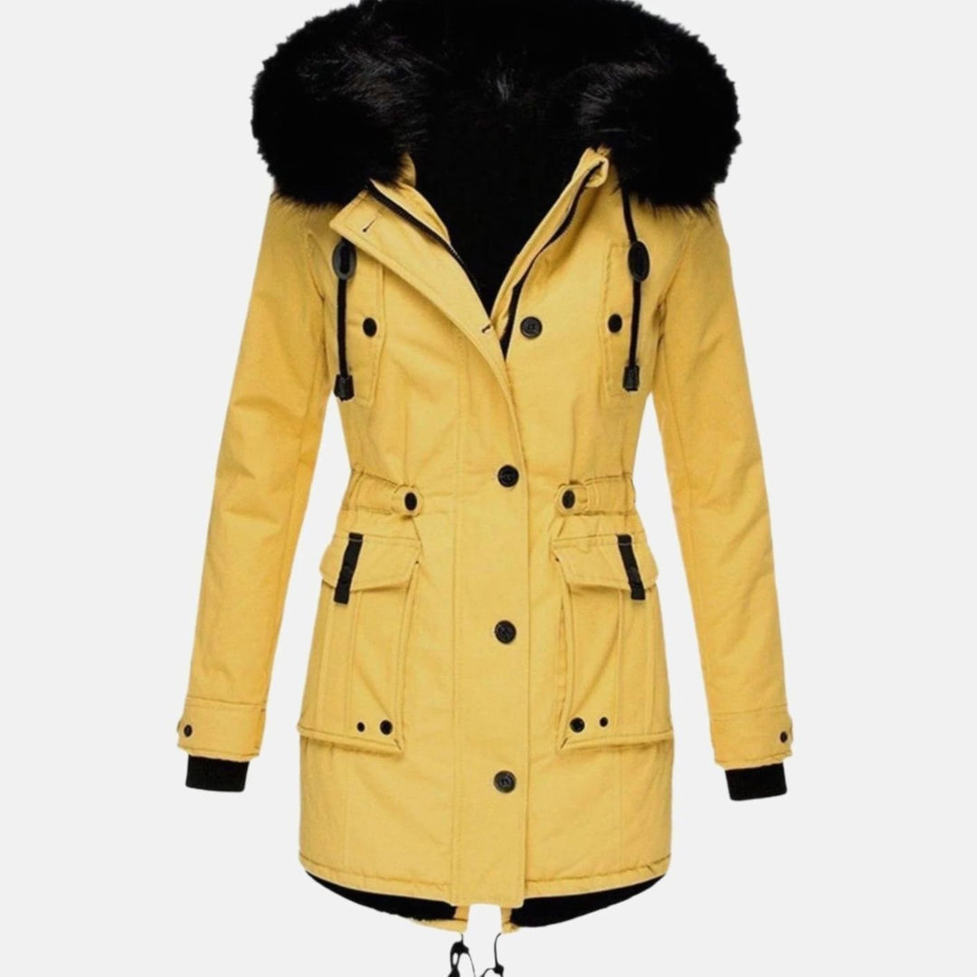 Women's Fitted Faux Fur Hooded Winter Coat Parka - Yellow
