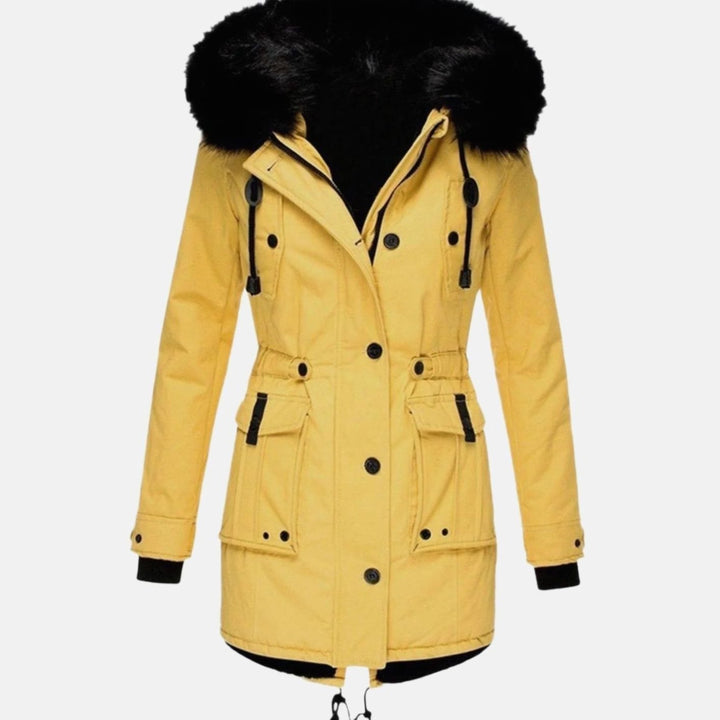 Women's Fitted Faux Fur Hooded Winter Coat Parka - Yellow