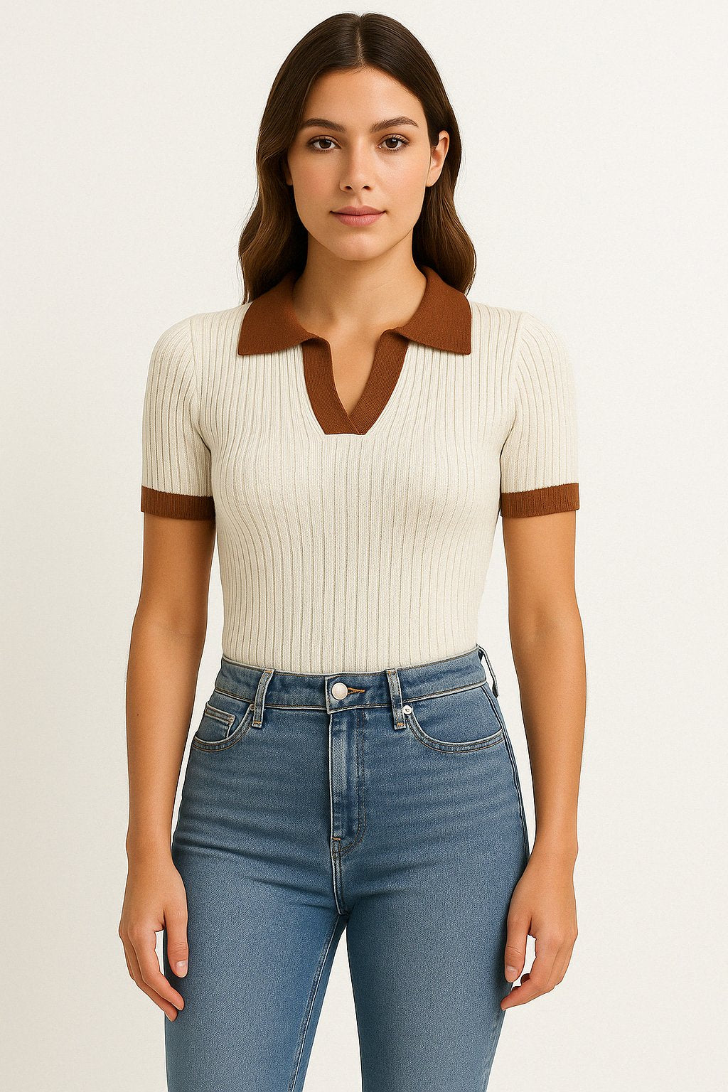 Women's Fitted Ribbed Polo Shirt Short Sleeve