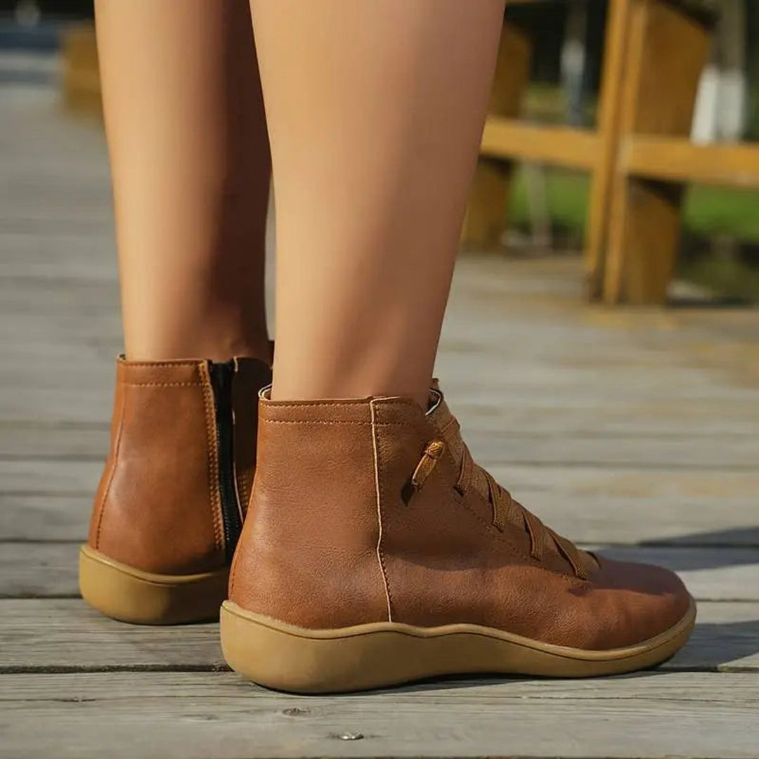 Women's Flat Lace-Up Side-Zip Faux Leather Ankle Boots