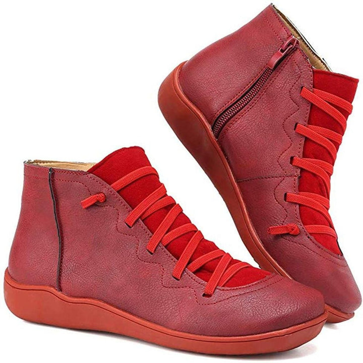 Women's Flat Lace-Up Side-Zip Faux Leather Ankle Boots - Red